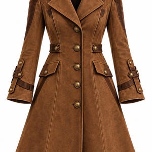 May include: A brown coat featuring a structured collar, long sleeves with buttoned cuffs, and a front button closure. The garment includes shoulder epaulets, two side pockets with flaps, and dark brown panel accents along the sleeves and waist.