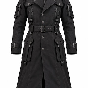 Męski czarny płócienny płaszcz taktyczny, gotycki cosplay, styl wojskowy (gruba bawełna)