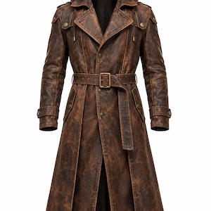 Męski płaszcz typu trencz z brązowej skóry owczej w stylu vintage, z kapturem i gotyckim stylem cosplay (z paskiem)