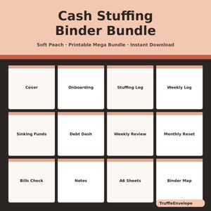Puede incluir: Un paquete de carpetas Cash Stuffing en color melocotón suave y marrón oscuro. El texto dice: Cash Stuffing Binder Bundle, Soft Peach, Printable Mega Bundle, Instant Download, Cover, Onboarding, Stuffing Log, Weekly Log, Sinking Funds, Debt Dash, Weekly Review, Monthly Reset, Bills Check, Notes, A6 Sheets, Binder Map y TruffleEnvelope.