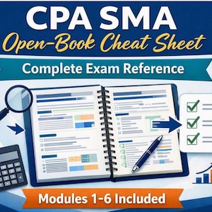 Puede incluir: Una guía de estudio encuadernada en espiral titulada CPA SMA Open-Book Cheat Sheet Complete Exam Reference con Modules 1-6 Included. El gráfico muestra una calculadora negra, una lupa, un bolígrafo azul y una lista con tres marcas de verificación verdes.