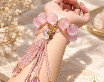 18mm Rose Quartz Bracelet Large Bead Ornate Grapefruit Pink Artisan Design