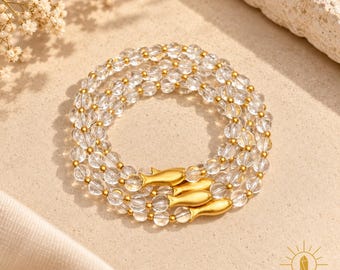 6mm Clear Quartz Beaded Bracelet with Gold-Tone Fish Charm, Custom Fit