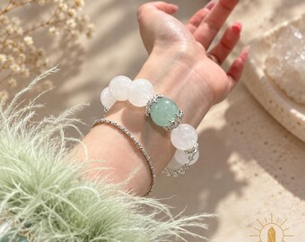 White Phantom Quartz and Green Fluorite Bracelet Large Bead