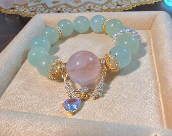 18mm Rose Quartz and Green Pattern Stone Bracelet Large Bead