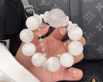 20mm White Phantom Quartz and Clear Quartz Bracelet Large Bead