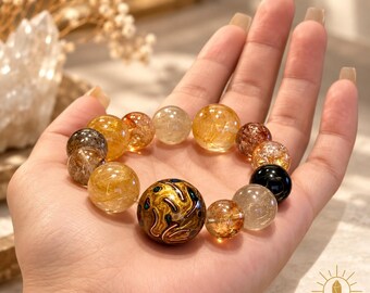 Golden Rutilated Quartz and Multi-Gem Crystal Bracelet Phoenix Charm