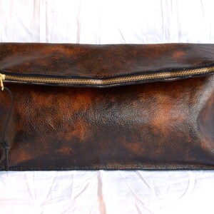 Large leather clutch, Leather zipper clutch, Fold over clutch, Leather evening bag image 3