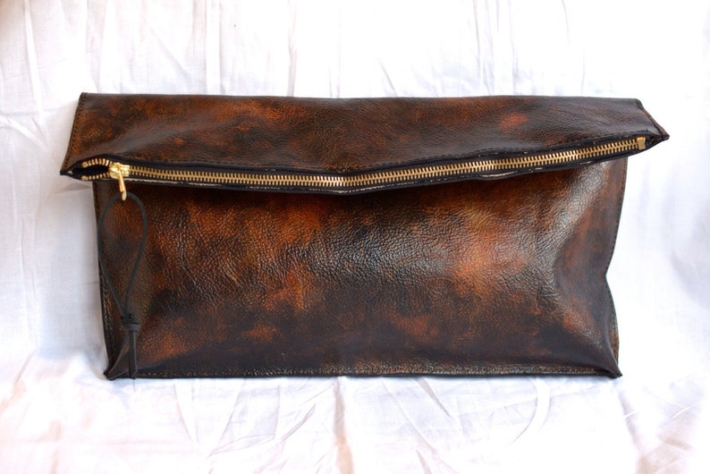 Large leather clutch, Leather zipper clutch, Fold over clutch, Leather evening bag image 3