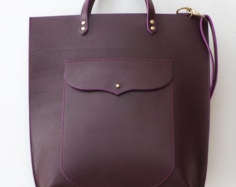 Eggplant Leather Tote Bag: Large Vegetable Tanned Professional Bag