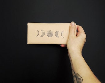 Handmade Leather Wallet: Triple Moon Goddess Stamped Design