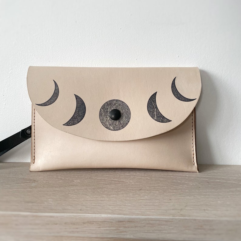 Leather clutch Small leather wallet Triple Moon Goddess wristlet image 1