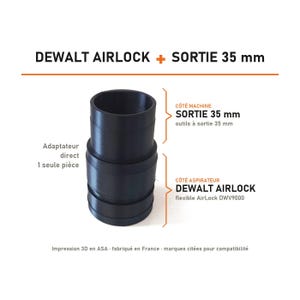 May include: A black cylindrical vacuum adapter featuring a DeWalt AirLock connection on one end and a 35 mm outlet on the other. The component is labelled as a single-piece direct adapter, with text indicating compatibility with 35 mm tools and DWV9000.