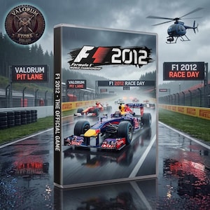 May include: A video game case for F1 2012 Formula 1 World Championship. The cover art displays a blue and red Formula 1 race car on a wet track with the text F1 2012, Formula 1 World Championship, and F1 2012 - The Official Game visible on the case.