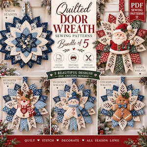 Paket med sömnadsmönster för quiltade dörrkransar till högtider (PDF-nedladdning) | Mönster för quilt med pepparkaksmönster och snögubbe i renskinn