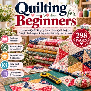 Puede incluir: Un libro titulado Quilting for Beginners de 298 páginas, con una pila de edredones florales coloridos, un cortador rotativo amarillo y negro, un alfiletero y una alfombrilla de corte verde con líneas de cuadrícula. El texto destaca las instrucciones.