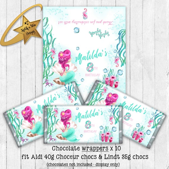 Mermaid girl under the sea splish splash personalised birthday party chocolate wrappers x 10 (or digital) Il_570xn