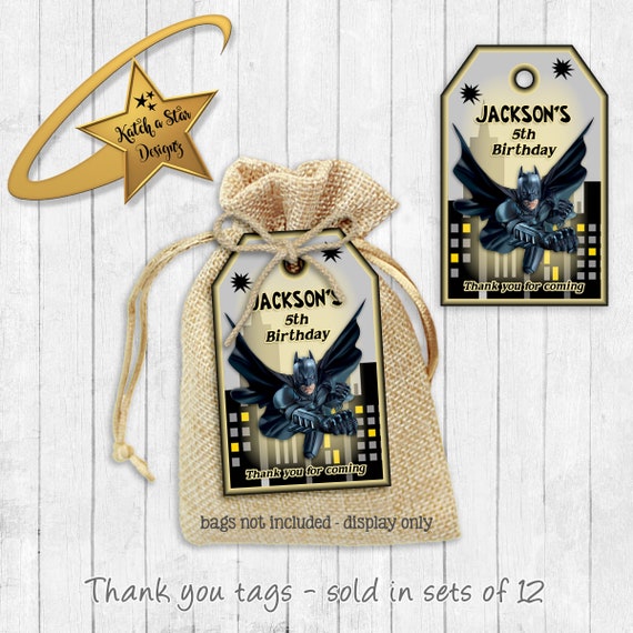 Batman superhero personalised birthday party thank you tags x 12 (or digital) Il_570xn