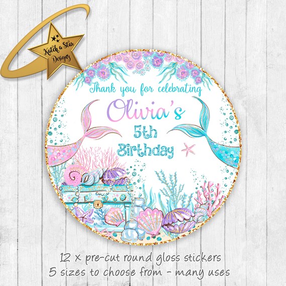 Mermaid / mermaids tail / treasure chest / under the sea personalised birthday party round gloss stickers x 12 Il_570xn