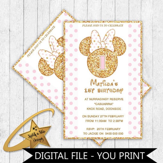 Minnie mouse faux gold glitter birthday party personalised invitations - DIGITAL ONLY Il_570xn
