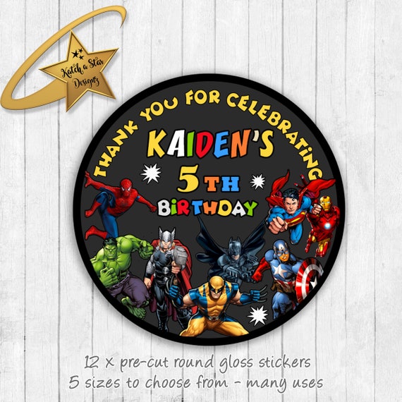 Superhero batman superman thor hulk captain america spiderman wolverine birthday personalised round gloss birthday party stickers x 12 Il_570xn