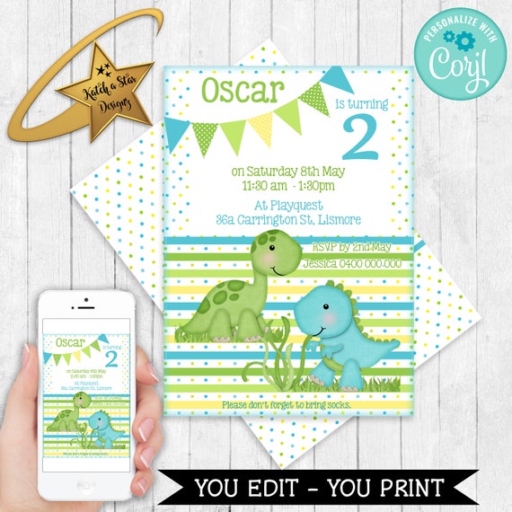 Baby Dinosaurs 2nd (any) birthday party Editable & Printable birthday party Invitation Template download DIY Il_570xn
