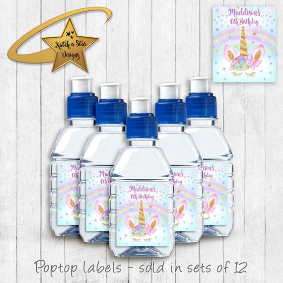 Rainbow unicorn birthday party personalised gloss pop top drink label stickers x 12 (or digital) Il_570xn