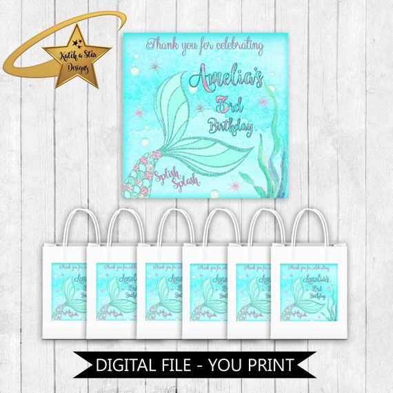 Mermaid tail under the sea splish splash birthday party personalised digital square stickers/tags - you print Il_570xn