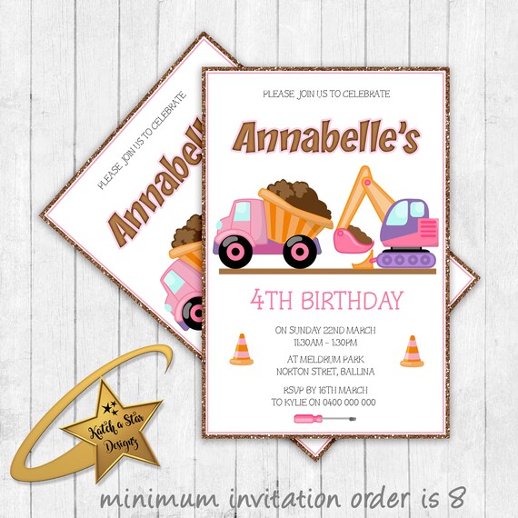 Construction truck digger excavator girls personalised birthday party invitations Il_570xn