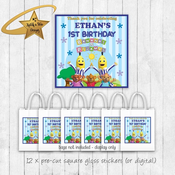 Banana's in pyjamas birthday party personalised square gloss stickers printed x 12 (or digital) Il_570xn