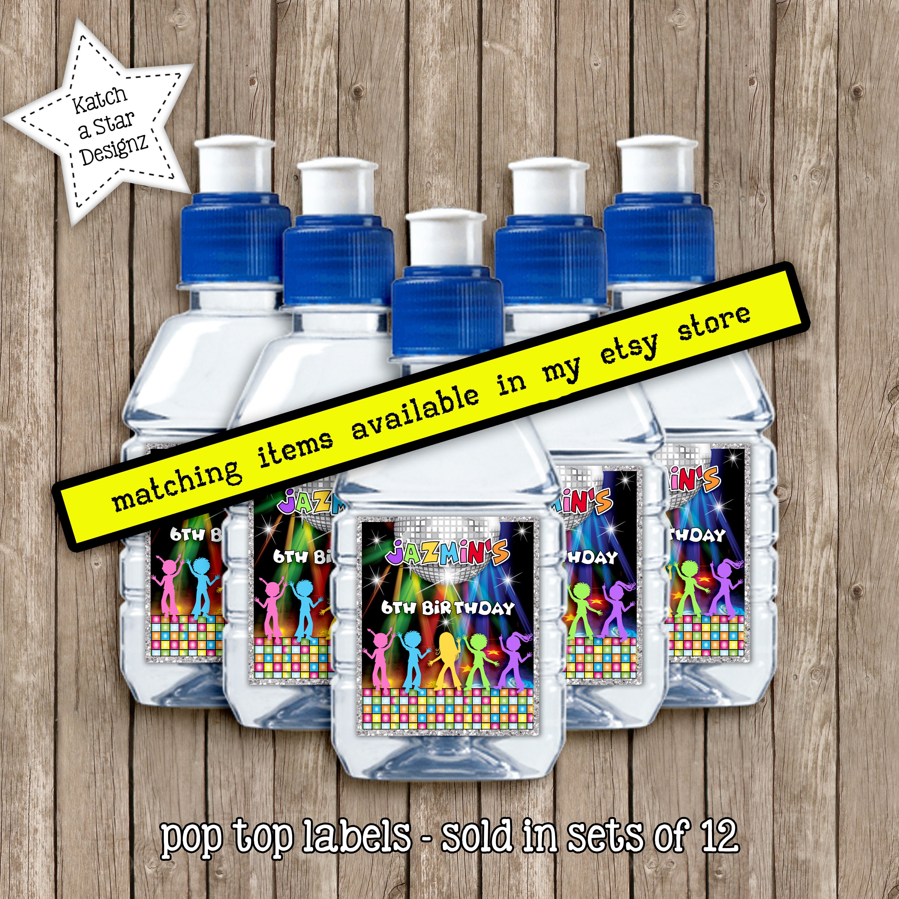 Disco / dance party personalised party water bottle labels x 5 | Etsy