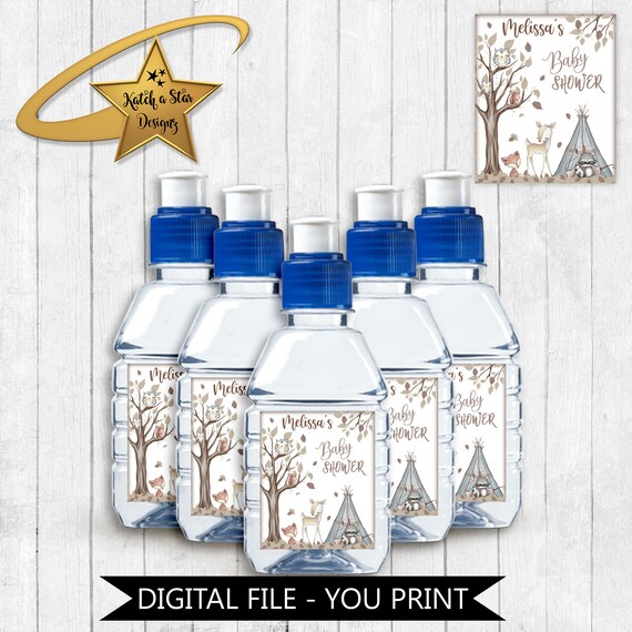 Woodland forest animals, fox, owl, deer, squirrel baby shower party personalised digital poptop drink labels - you print Il_570xn