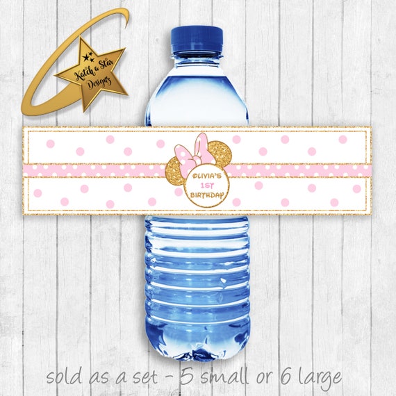 Minnie Mouse pink polka dots personalised birthday party water bottle labels x 5 (or digital) Il_570xn