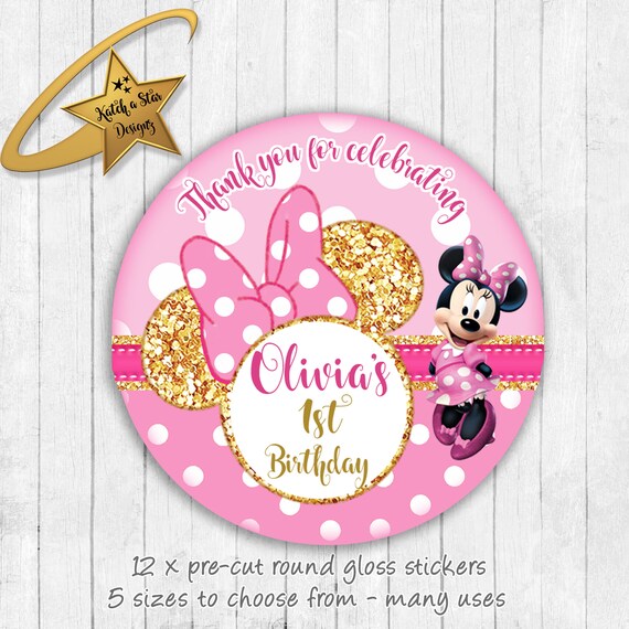 Girl Mouse 1st birthday personalised round glossy party stickers x 12 Il_570xn