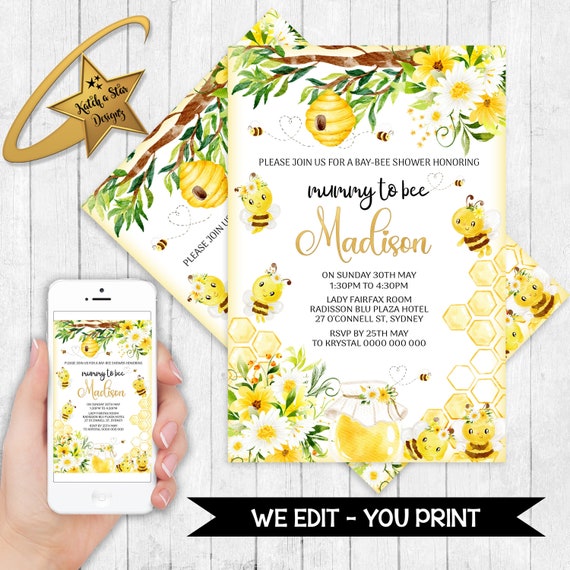 Bee Baby Shower Invitation, Mummy To Bee, neutral baby shower personalised digital invitation - you print Il_570xn