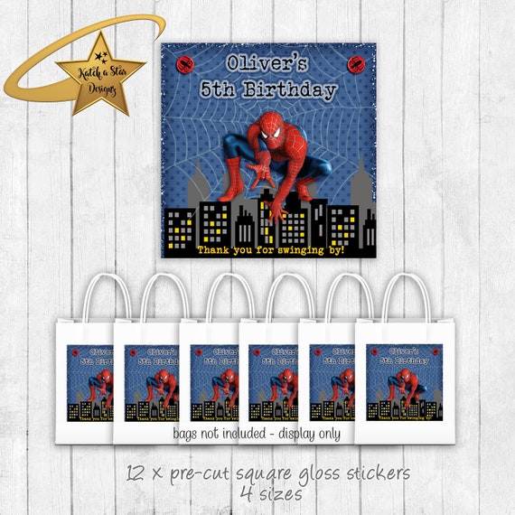 Spiderman birthday party personalised square gloss stickers x 12 Il_570xn