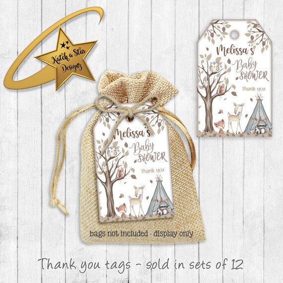 Woodland forest animals, fox, owl, deer, squirrel baby shower personalised party thank you tags x 12 Il_570xn