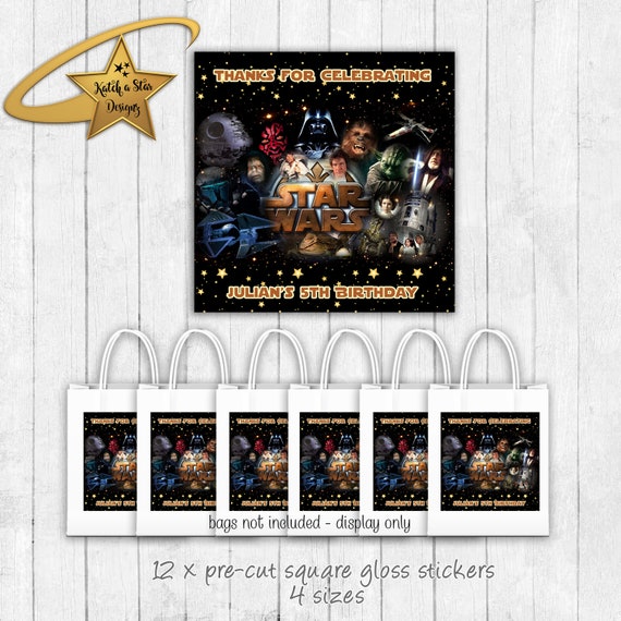 Star Wars birthday party personalised square gloss stickers x 12 (or digital) Il_570xn