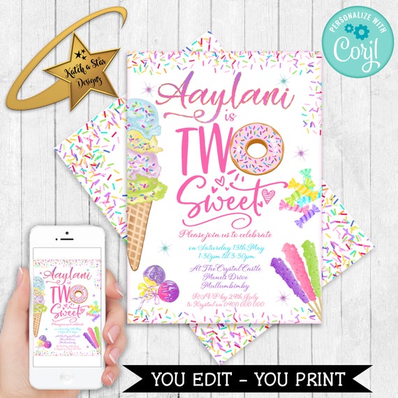 Two Sweet candy icecream 2nd birthday party Editable & Printable birthday party Invitation Template download DIY Il_570xn