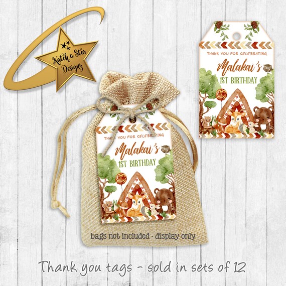 Woodland boho tribal animals, fox, owl, deer, squirrel, bear birthday party, baby shower personalised party thank you tags x 12 Il_570xn