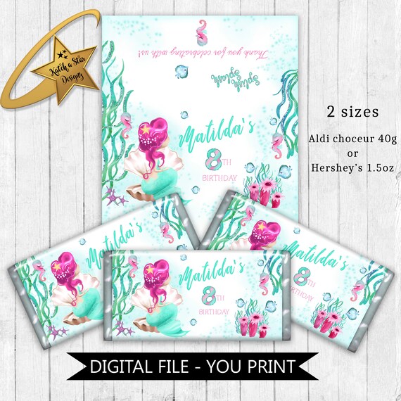 Mermaid girl under the sea splish splash birthday party personalised digital chocolate wrappers - you print Il_570xn