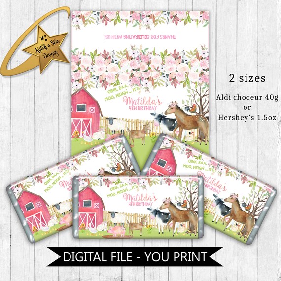 Farmyard farm animals girls birthday party personalised digital chocolate wrappers - you print Il_570xn