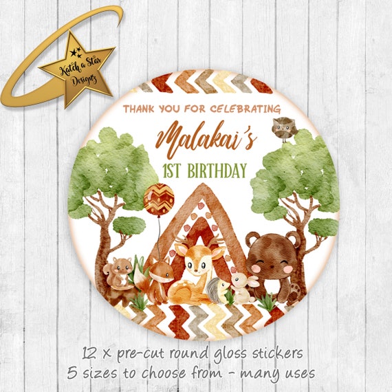 Woodland boho tribal animals, fox, owl, deer, squirrel, bear birthday party, baby shower personalised party round gloss stickers x 12 Il_570xn