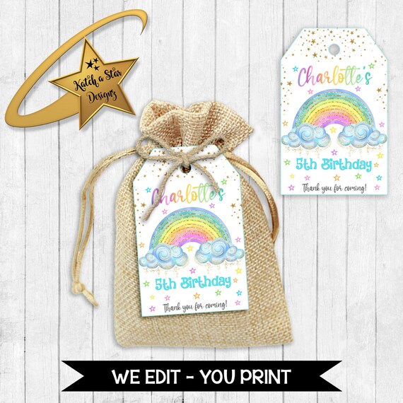 Rainbow watercolor birthday party personalised digital thank you tags - you print Il_570xn