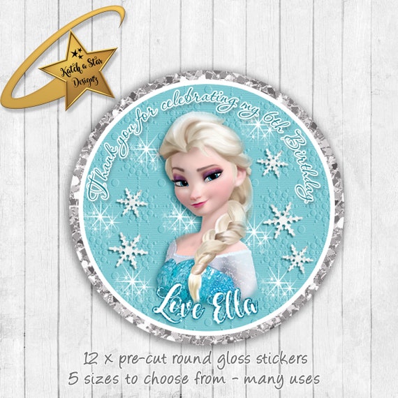 Frozen Elsa princess personalised round gloss birthday party stickers x 12 Il_570xn
