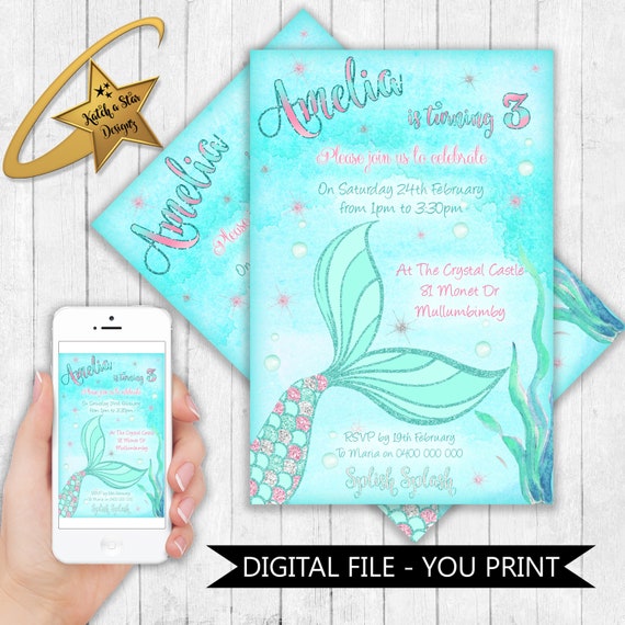 Mermaid tail under the sea splish splash birthday party personalised digital invitation - you print Il_570xn