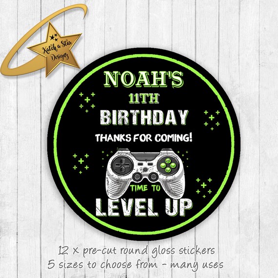 Gamer gaming level up birthday personalised round gloss birthday party stickers x 12 Il_570xn