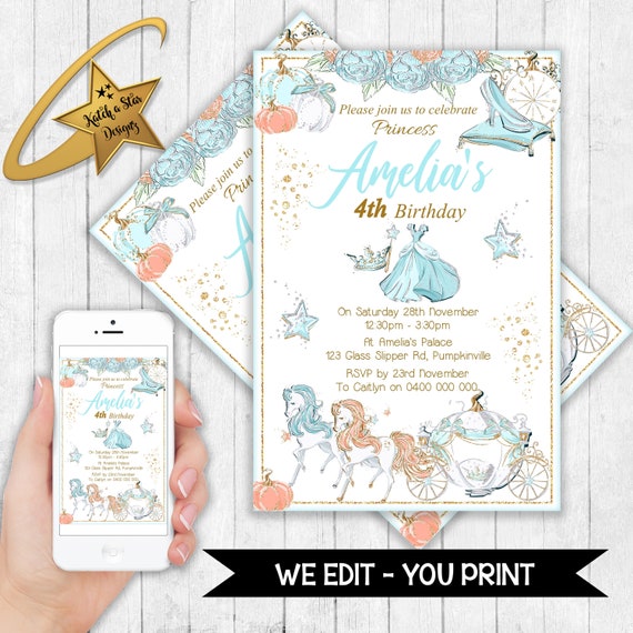Princess Cinderella, blue, pumpkin, carriage, glass slipper birthday party personalised digital invitation - you print Il_570xn