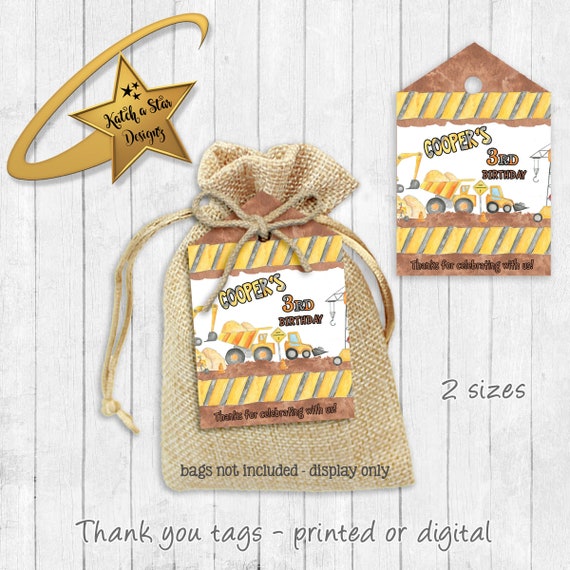 Construction party truck digger excavator boys personalised birthday party thank you tags x 12 (or digital) Il_570xn