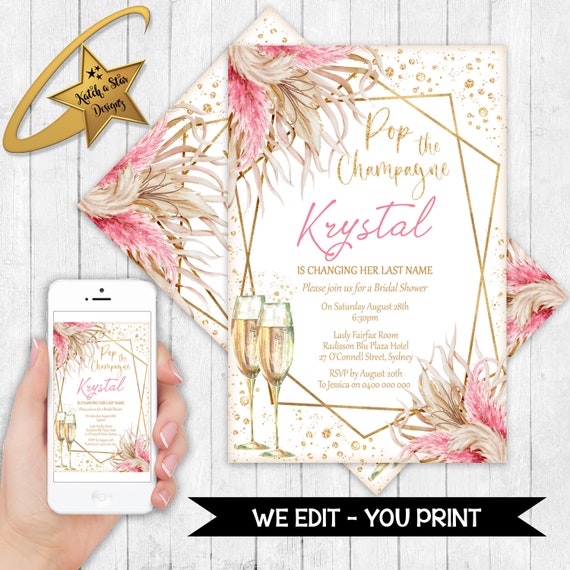 Champagne bubbly Bridal Shower, Engagement Party, Pampas grass, personalised digital invitation - you print Il_570xn